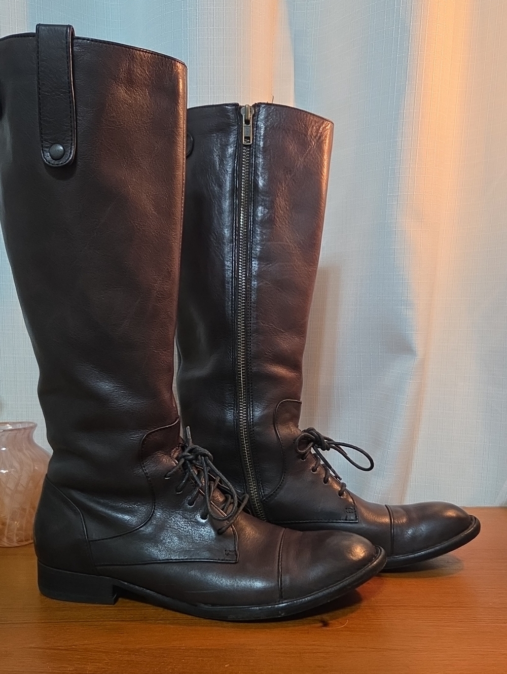 Vintaged Crown Born Tall Black Leather Lace-Up & Zip Riding Boots